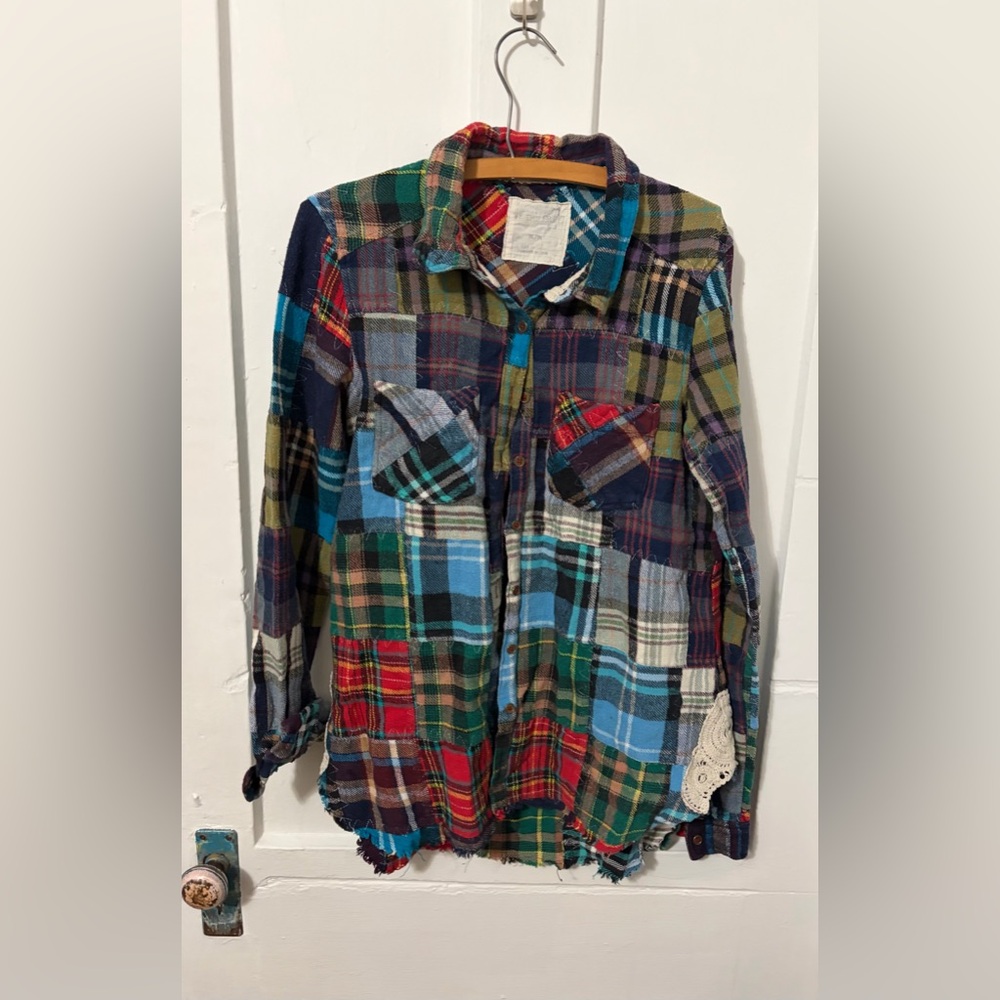 Free People Patchwork Lost In Plaid Flannel Shirt